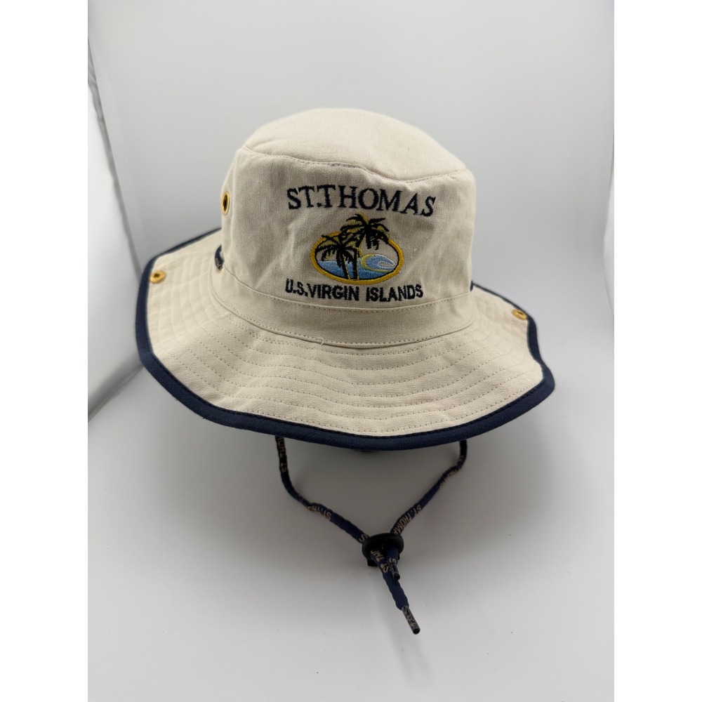 St Thomas US Virgin Islands Khaki Bucket Hat Navy Trim Adjustable Strap 62cm